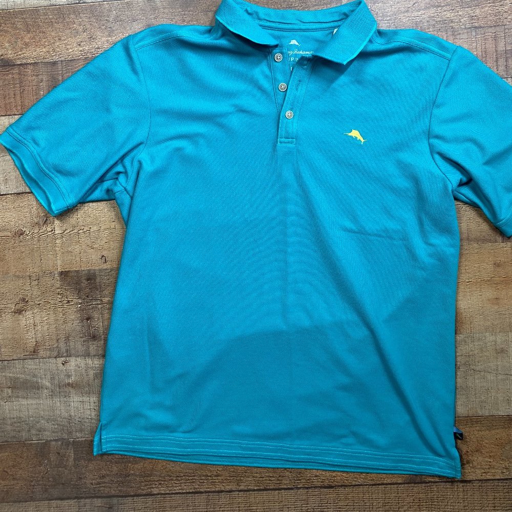 Tommy Bahama Teal Polo with Yellow Marlin Logo